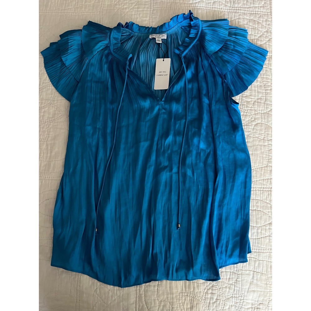 Current Air Los Angeles Pleated Ruffle Sleeve Blouse Blue NWT Large